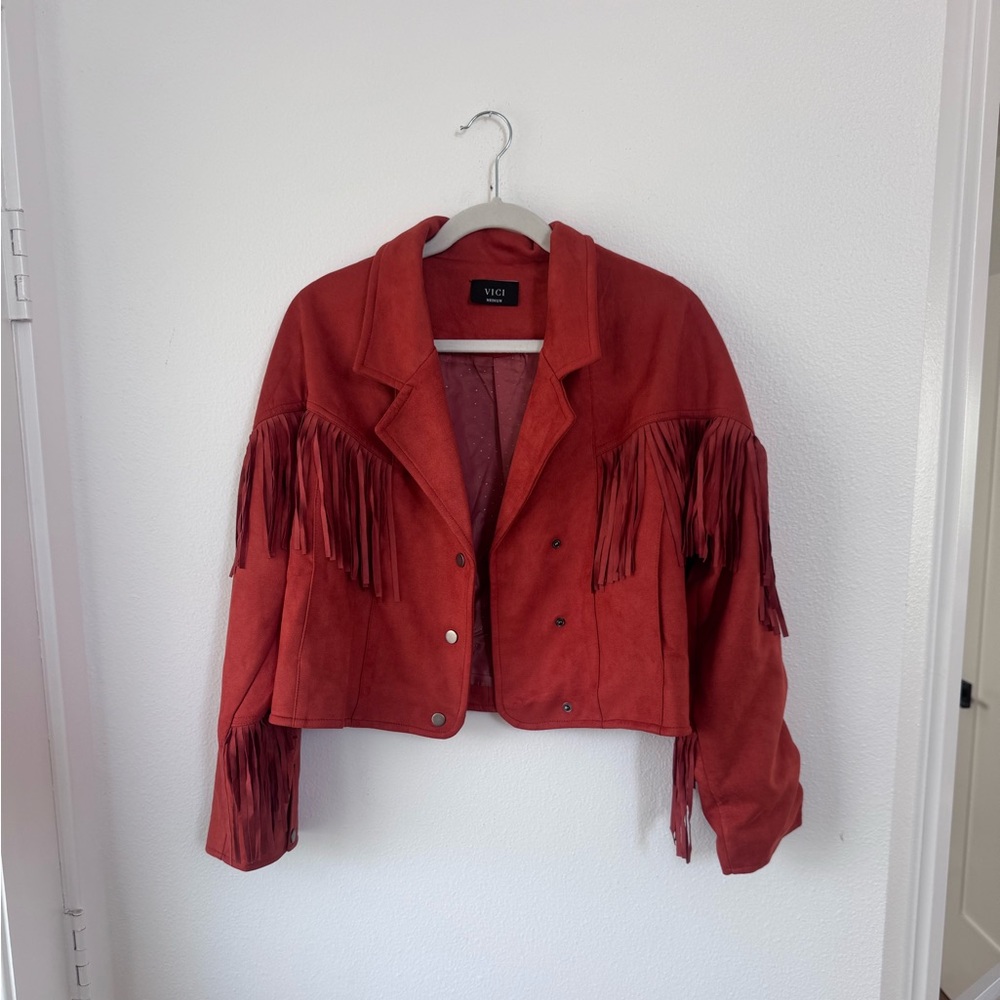 Vici Red Suede Fringe Cropped Jacket
